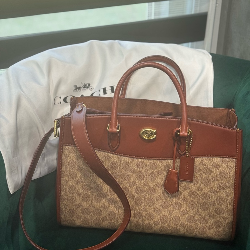 Coach Brooke Carryall In Signature Canvas Leather Dark Tan Rust Large Bag CE731